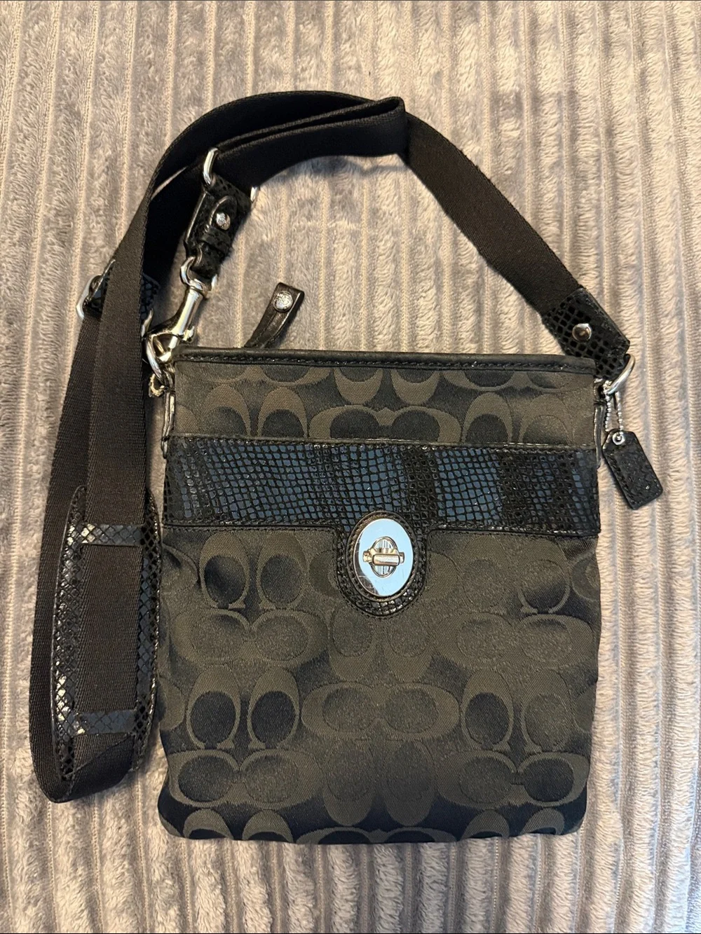 Coach Black Signature Crossbody with Textured Trim and Turnlock